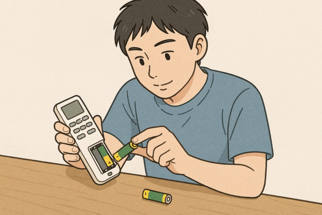 エアコンのリモコンに電池を入れている様子